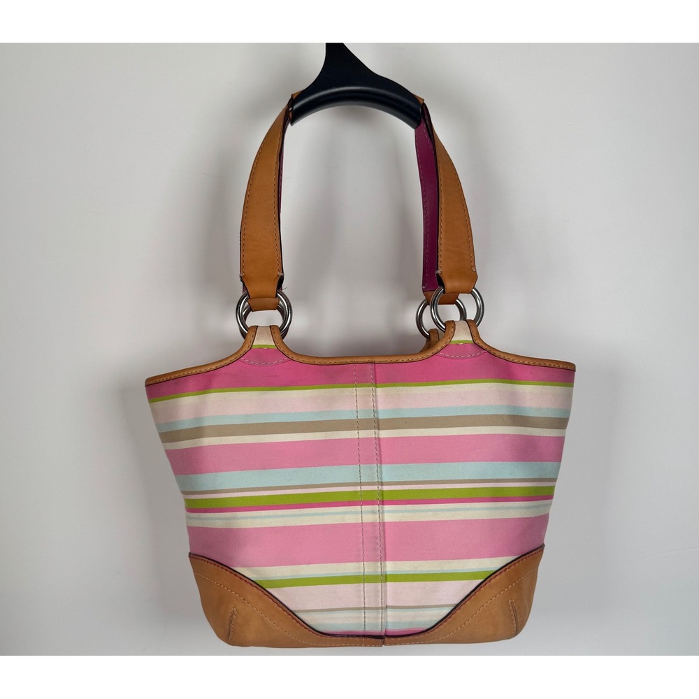 Coach Hampton Soho Buckle Multicolor Striped Twill Tote Bag Purse Vintage Y2K - Picture 2 of 8